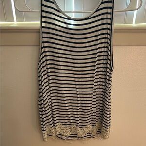 Rewind Navy and White Striped Tank Top with Lace Trim